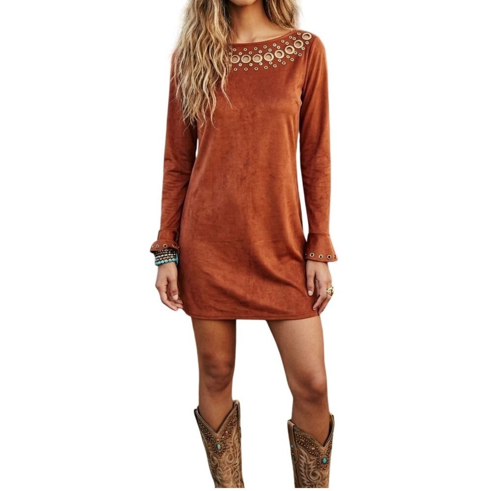 Line & Dot Bijou Mini Dress Size Medium Moleskin Lace-Up Back Boho Chic Rivets